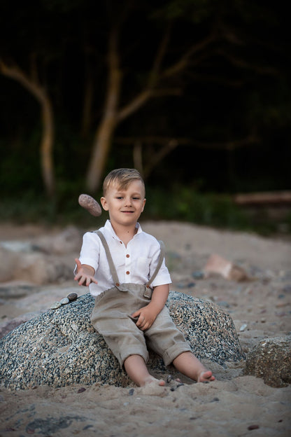 Boy‘s linen wedding or christening suit: set of linen crop pants, white linen shirt