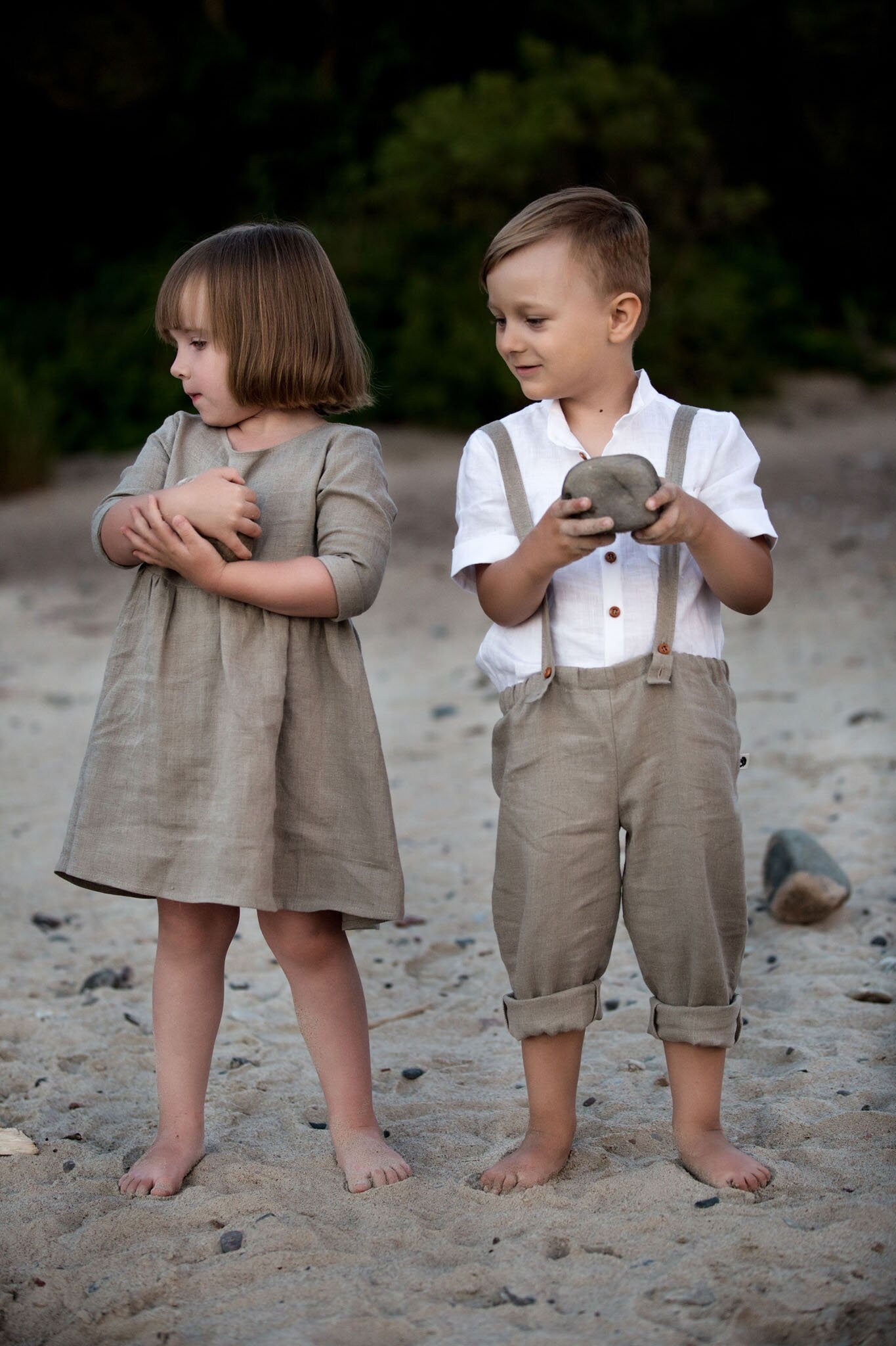 Boy‘s linen wedding or christening suit: set of linen crop pants, white linen shirt