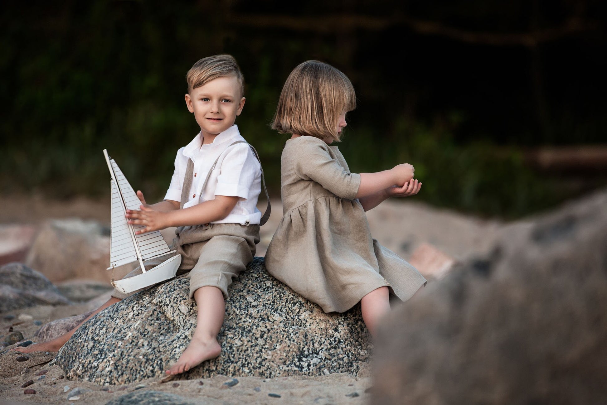 Boy‘s linen wedding or christening suit: set of linen crop pants, white linen shirt