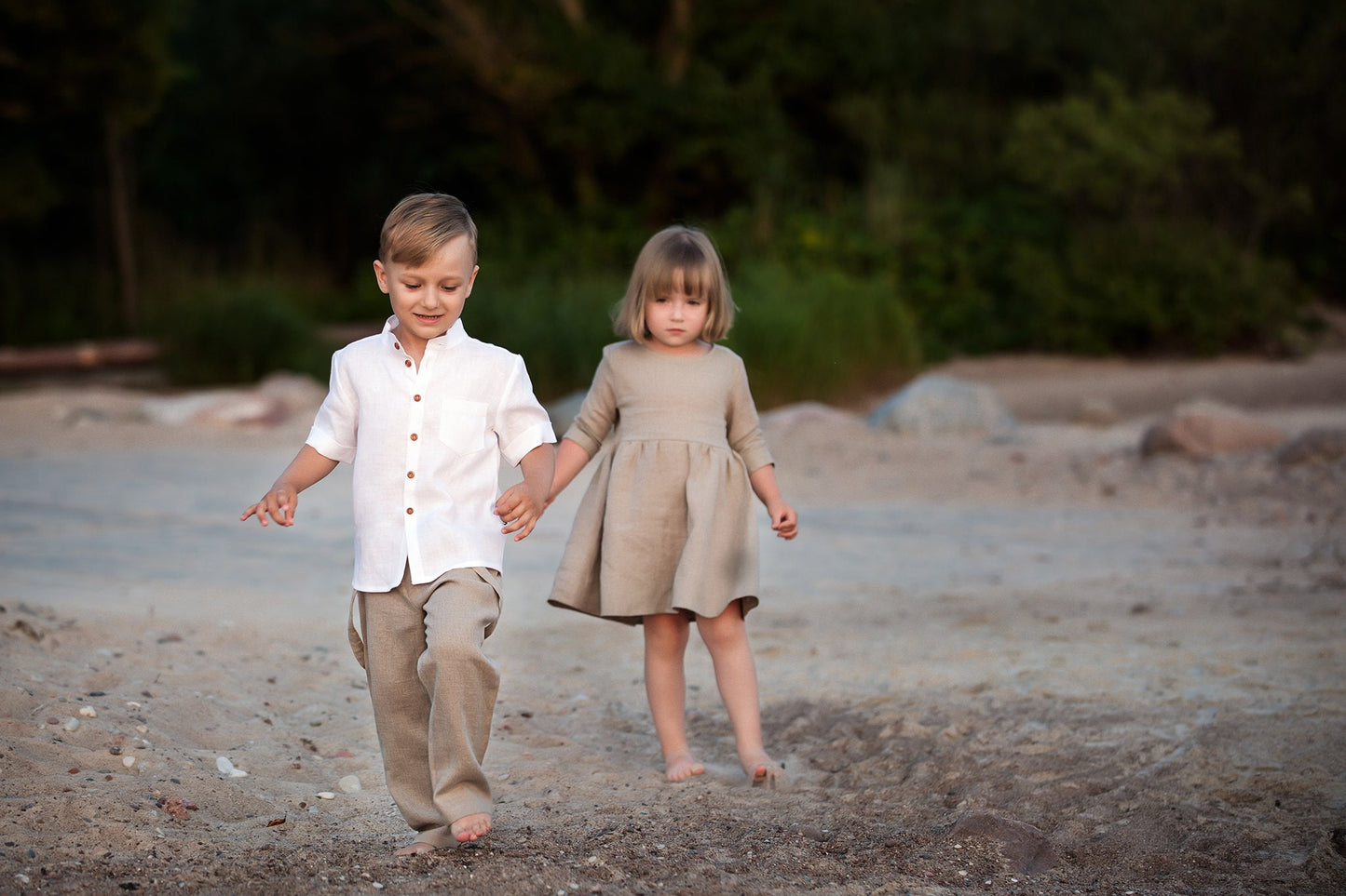 Boy‘s linen wedding or christening suit: set of linen crop pants, white linen shirt