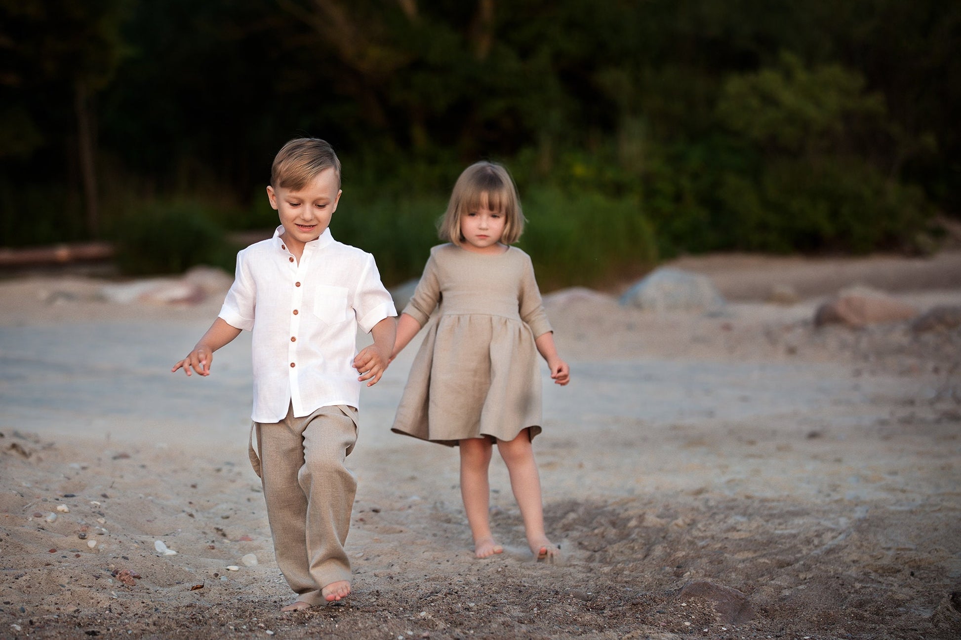 Boy‘s linen wedding or christening suit: set of linen crop pants, white linen shirt