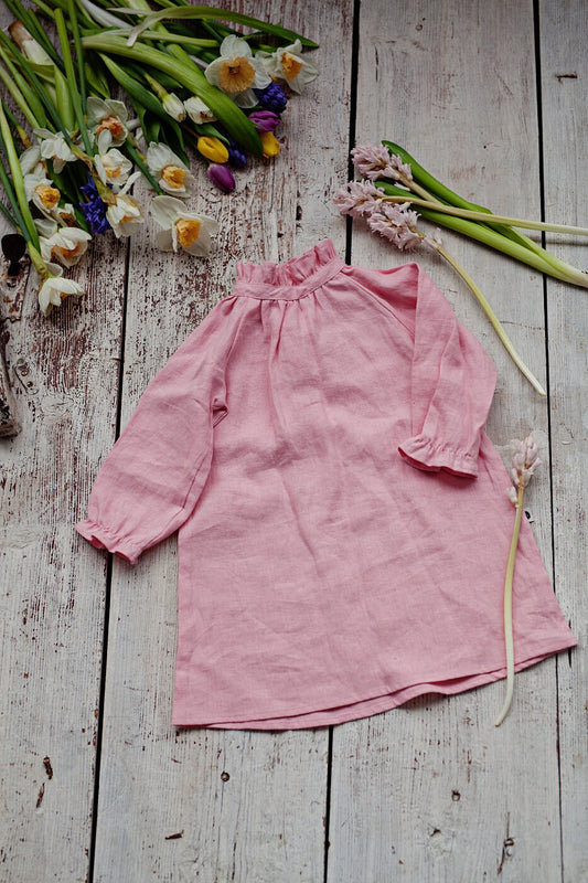 Long sleeve linen dress for baby girl, 104 / READY TO SHIP