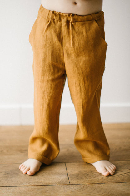 Elastic waist loose linen pants with pockets for boys