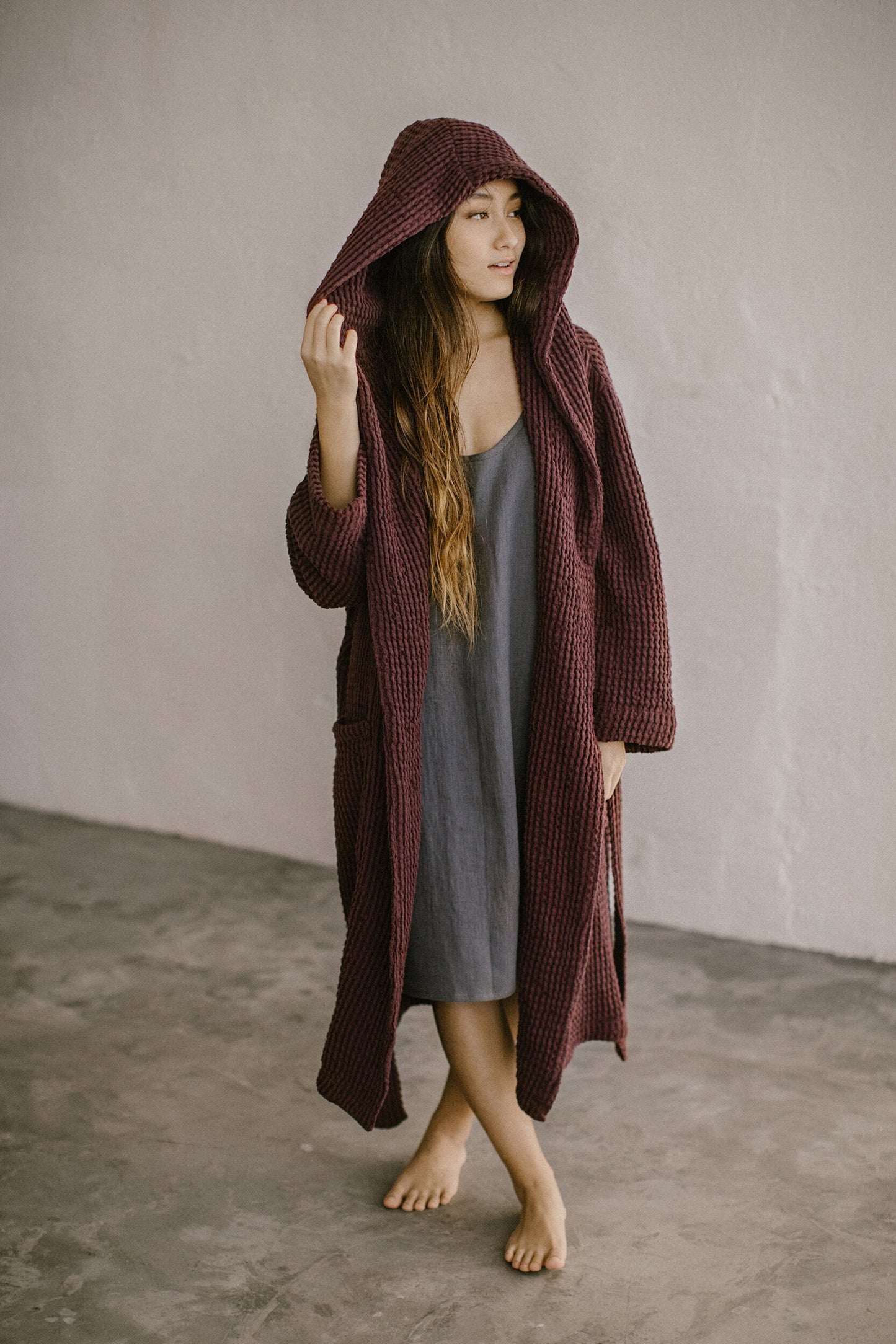 Hooded long organic linen & cotton waffle robe for women and men