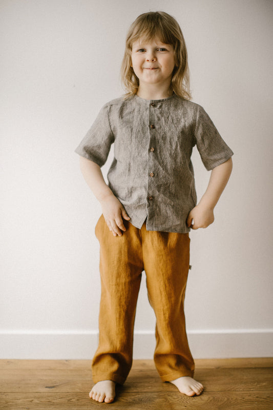 Elastic waist loose linen pants with pockets for boys