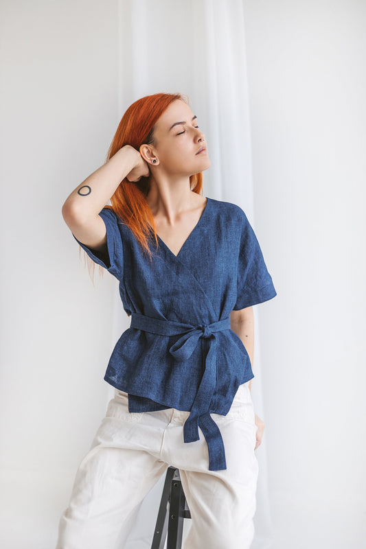 Linen wrap blouse with short sleeves and belt