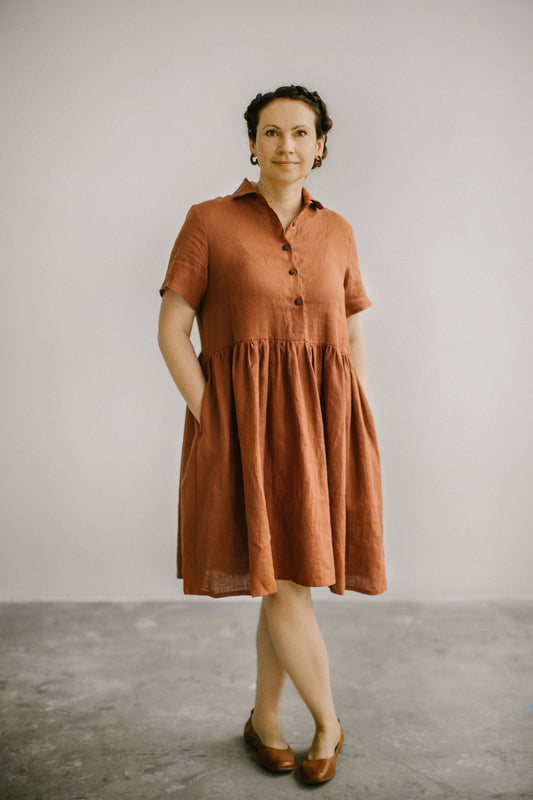 Button up linen midi dress with short sleeves MARTA