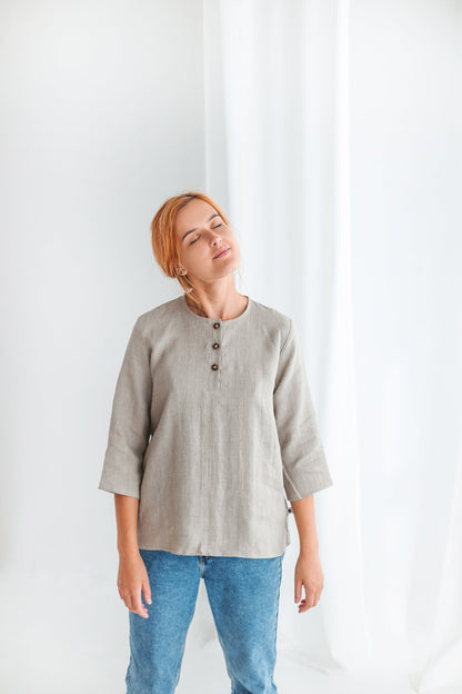 Organic linen blouse with 3/4 sleeves BRENDA