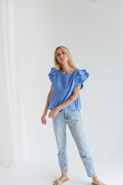 Linen ruffle blouse with short sleeves RIVER