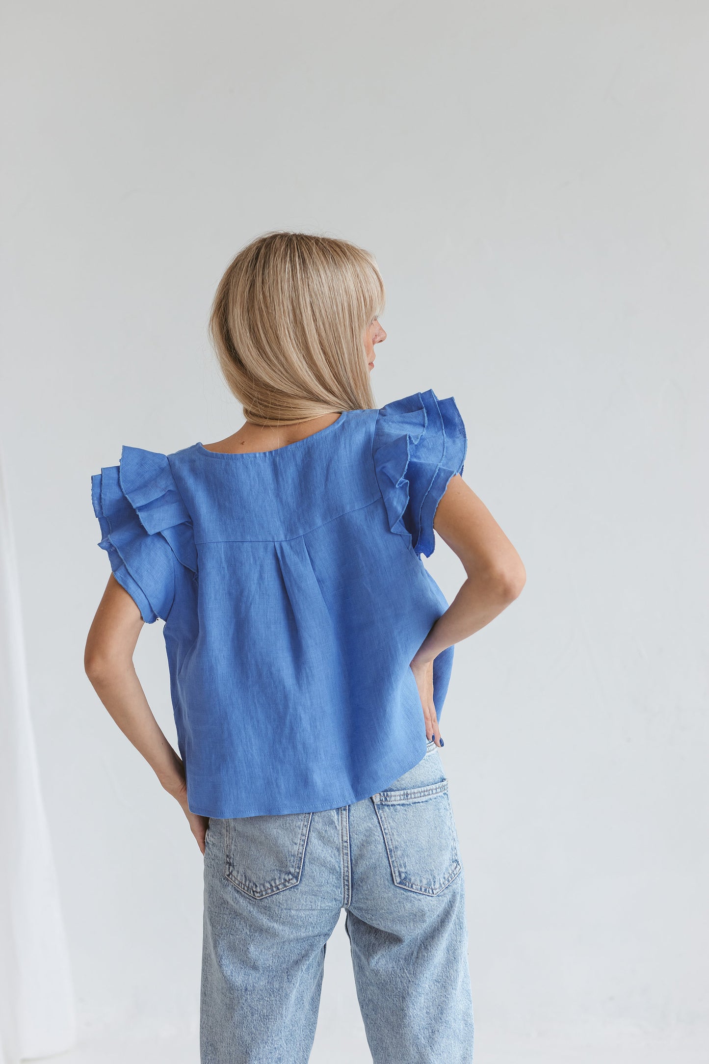 Linen ruffle blouse with short sleeves RIVER