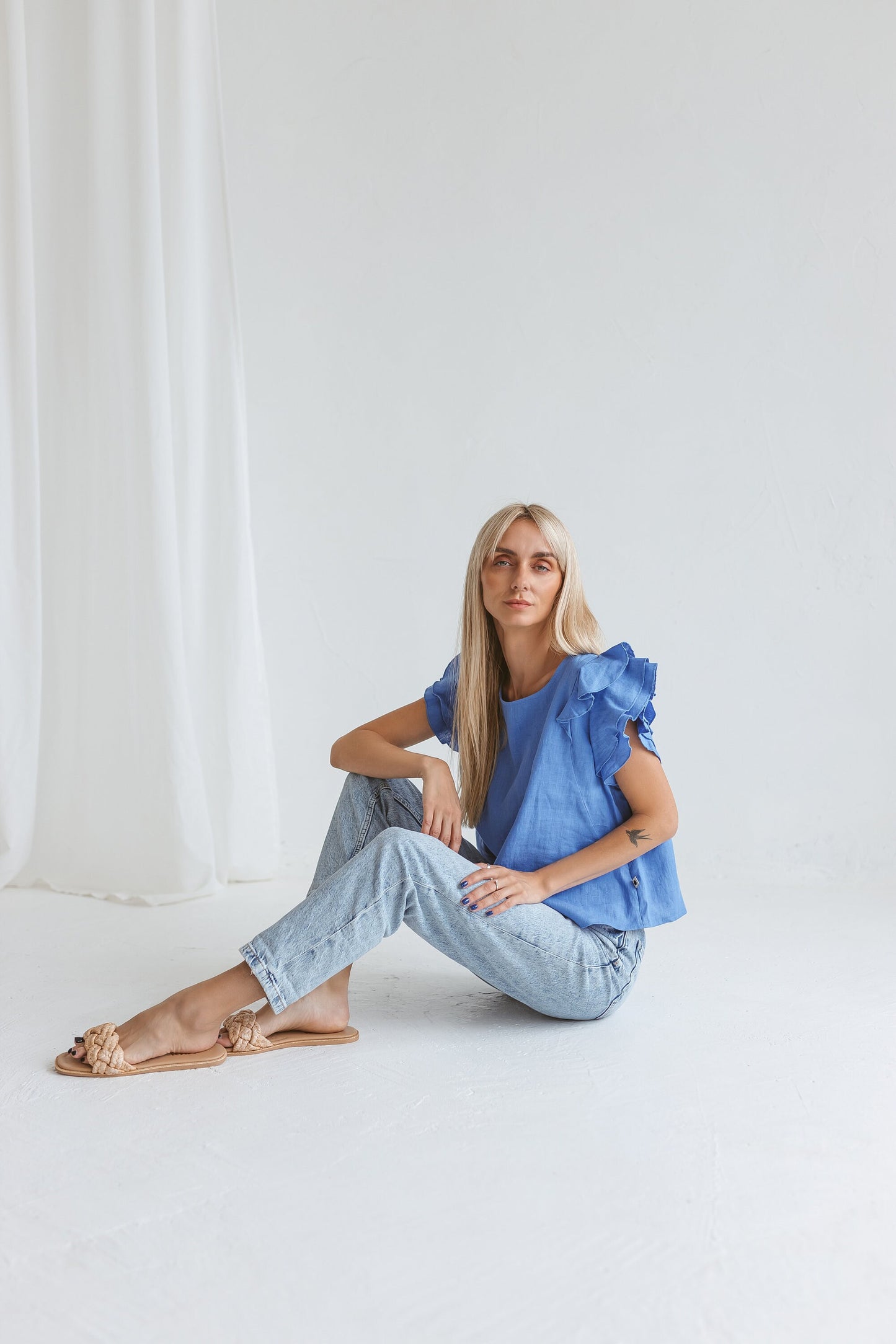 Linen ruffle blouse with short sleeves RIVER