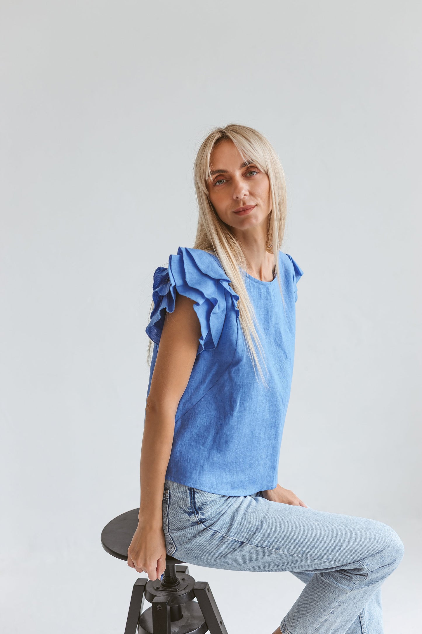 Linen ruffle blouse with short sleeves RIVER