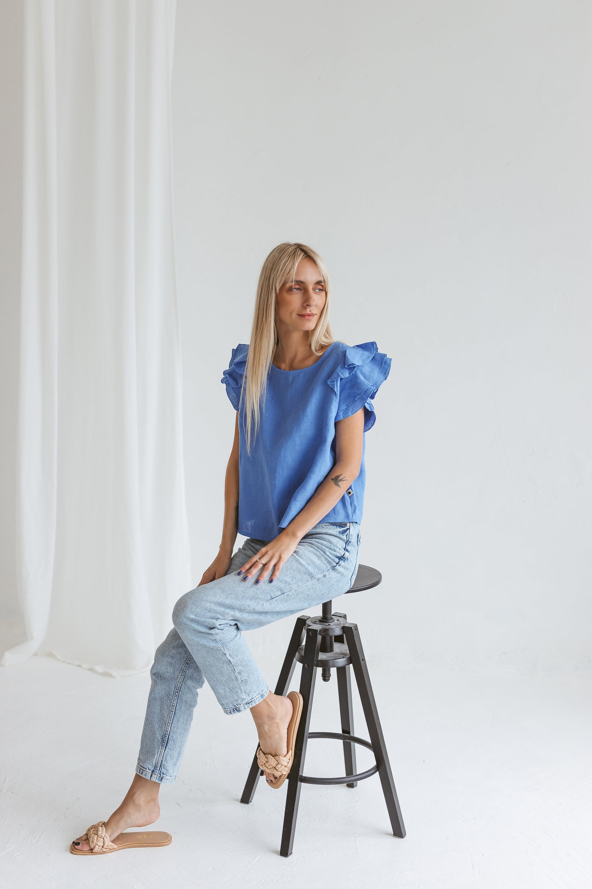 Linen ruffle blouse with short sleeves RIVER