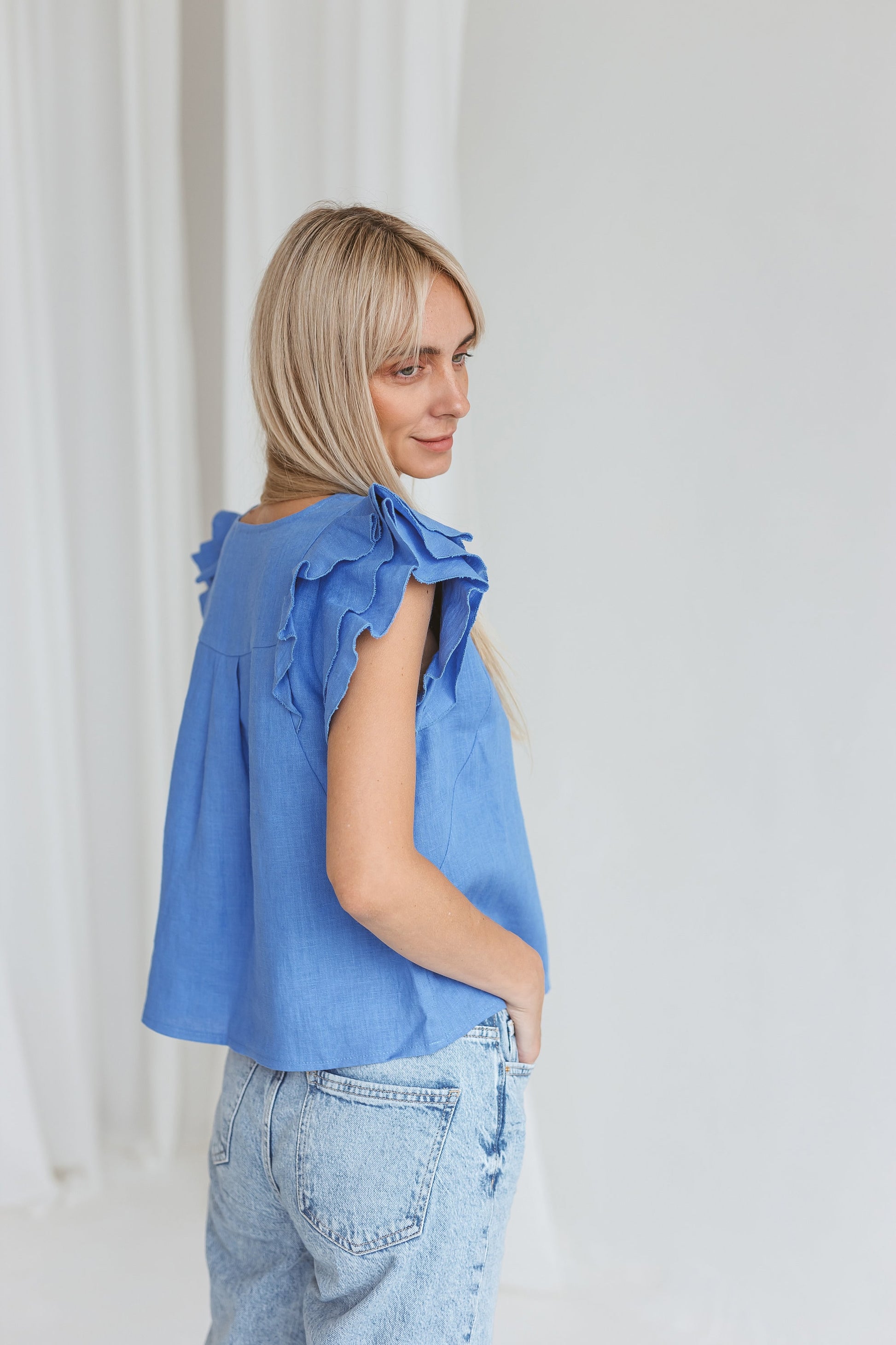 Linen ruffle blouse with short sleeves RIVER