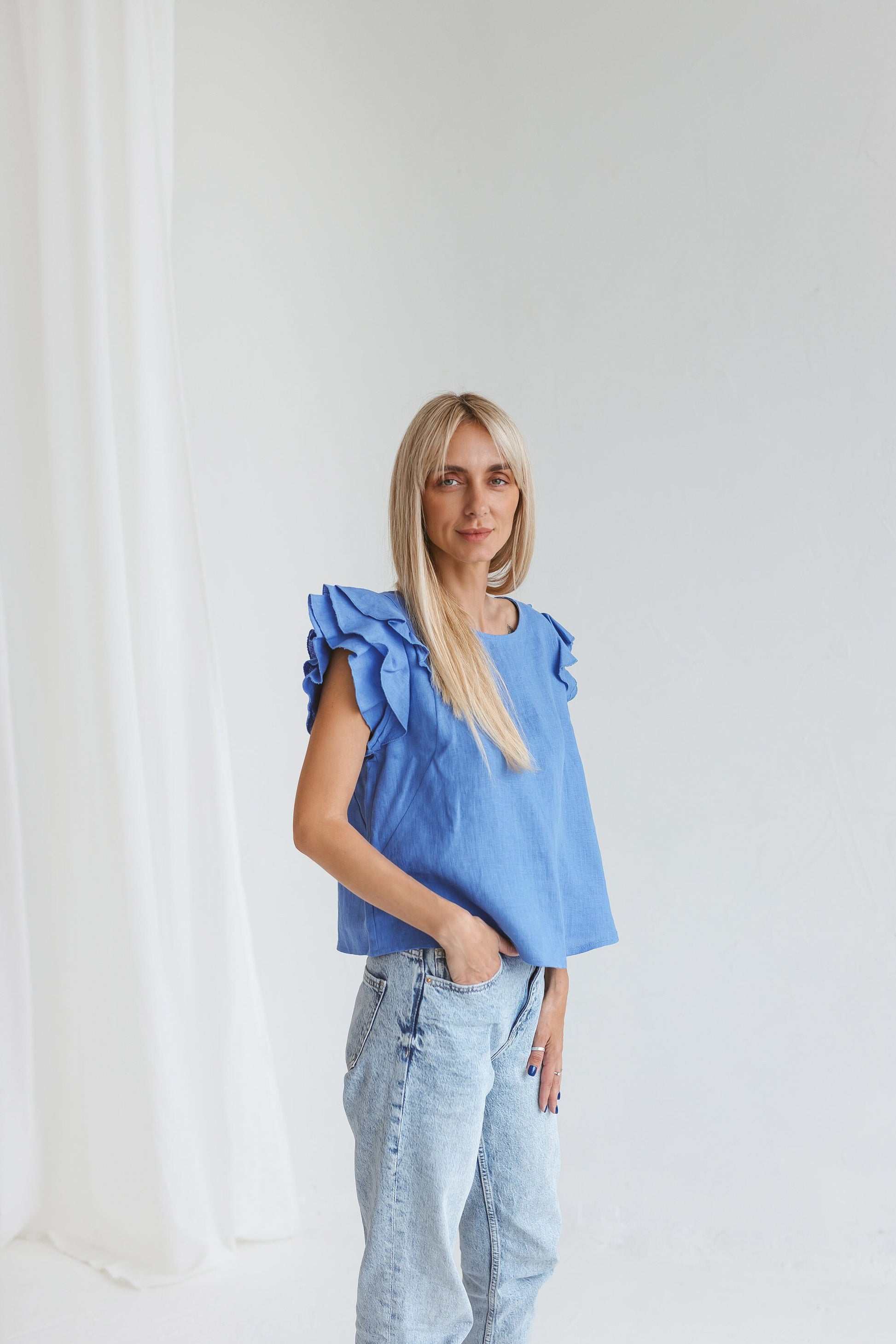 Linen ruffle blouse with short sleeves RIVER