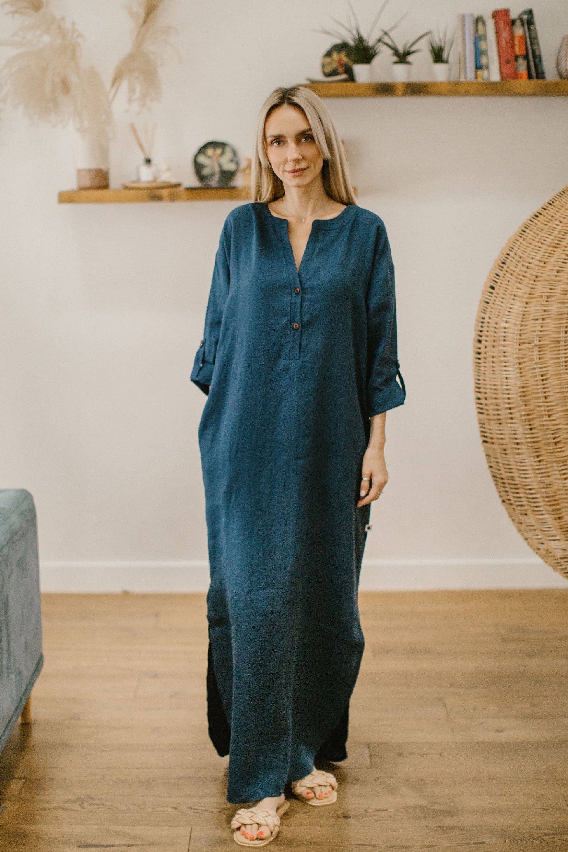 Maxi length linen dress with buttons ISABELLA